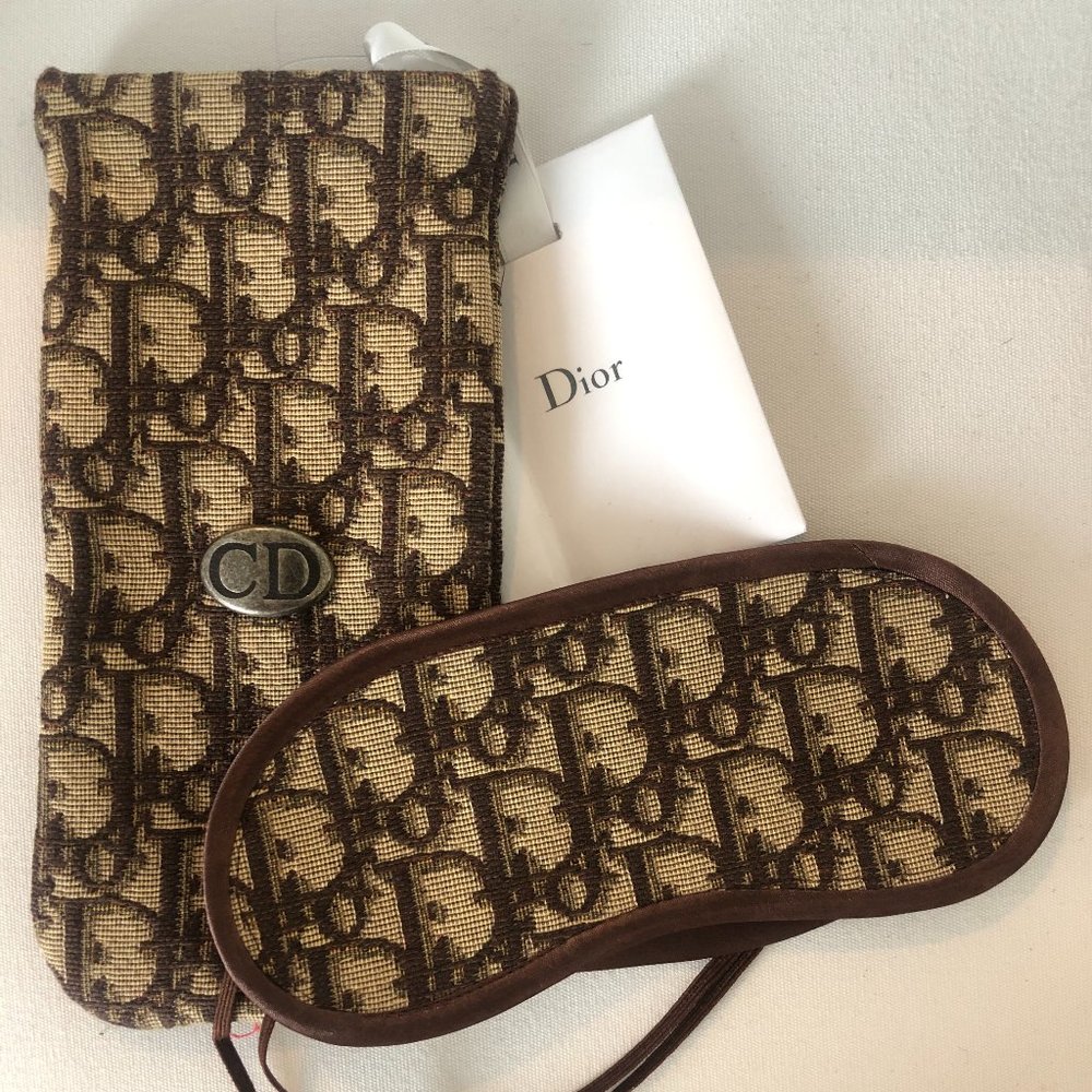 NEW Vintage Christian Dior Brown Oblique Monogram Logo Sleeping Mask Case Pouch